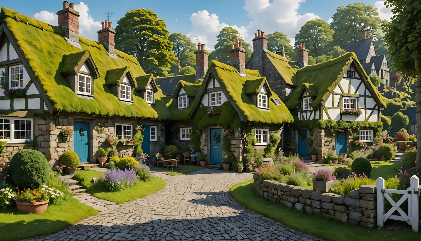 Vibrant Countryside Scene with Cozy Stone Houses