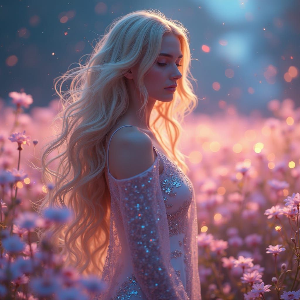 Ethereal Woman in a Field of Flowers