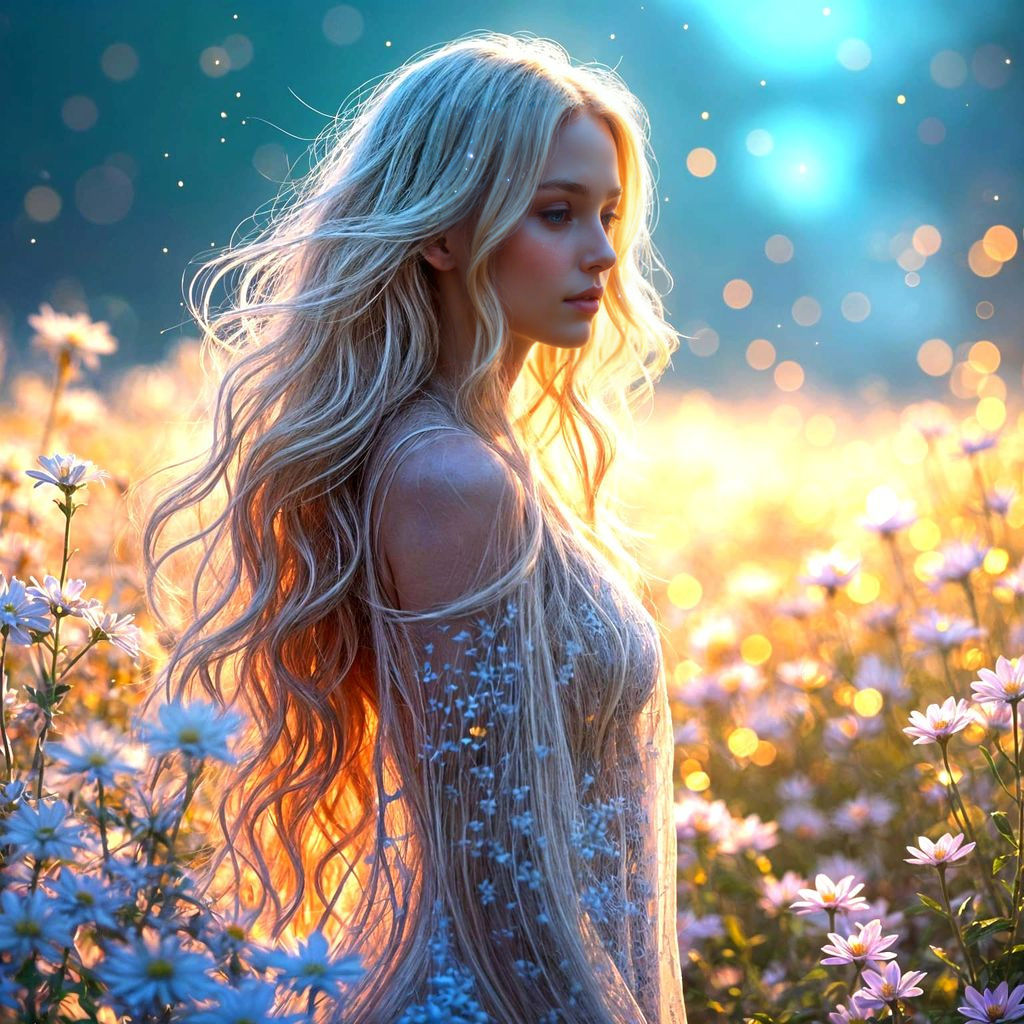 Ethereal Woman Portrait in Dreamlike Flower Field