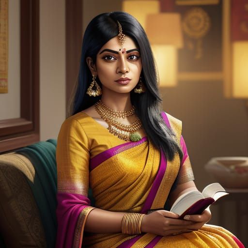 Bengali Woman Reading, Vibrant Oil Painting