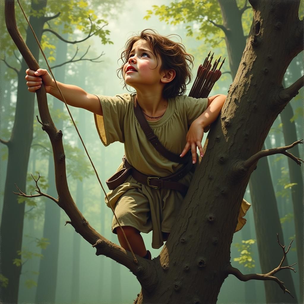Girl in Forest Reaches for Sky as Oil Painting