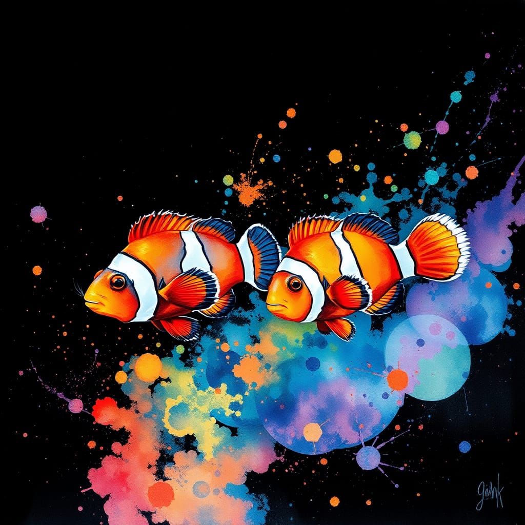 Clownfish in Watercolor Ink Splatter, Ethereal Style