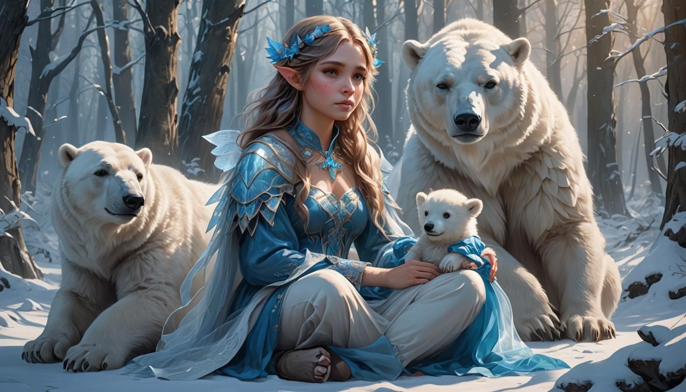 Elf Girl with Angel Wings in Winter Forest