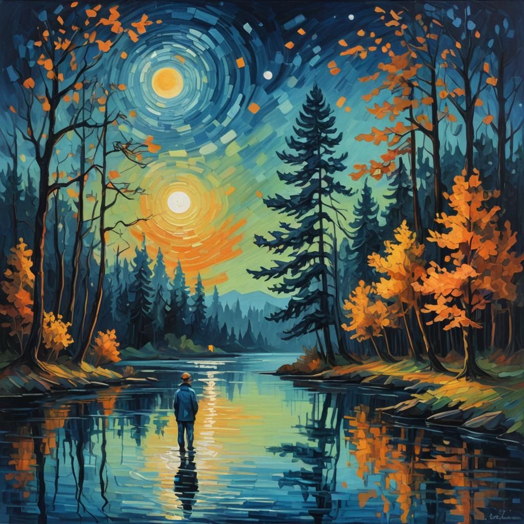 Moonlit Figure in Forest: Vibrant Oil Painting