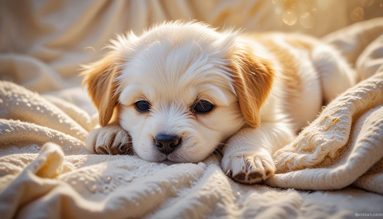 Cute Golden Puppy Sleeping Peacefully in Impressionist Style