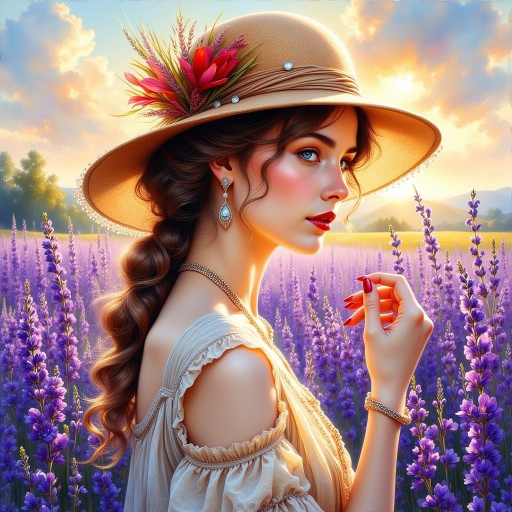 Elegant British Beauty Strolls in Lavender Fields