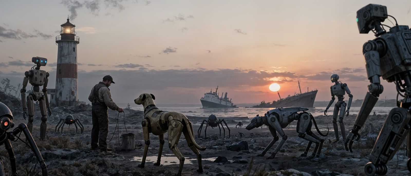 Lighthouse Keeper and Robots in Post-Apocalyptic Sunset
