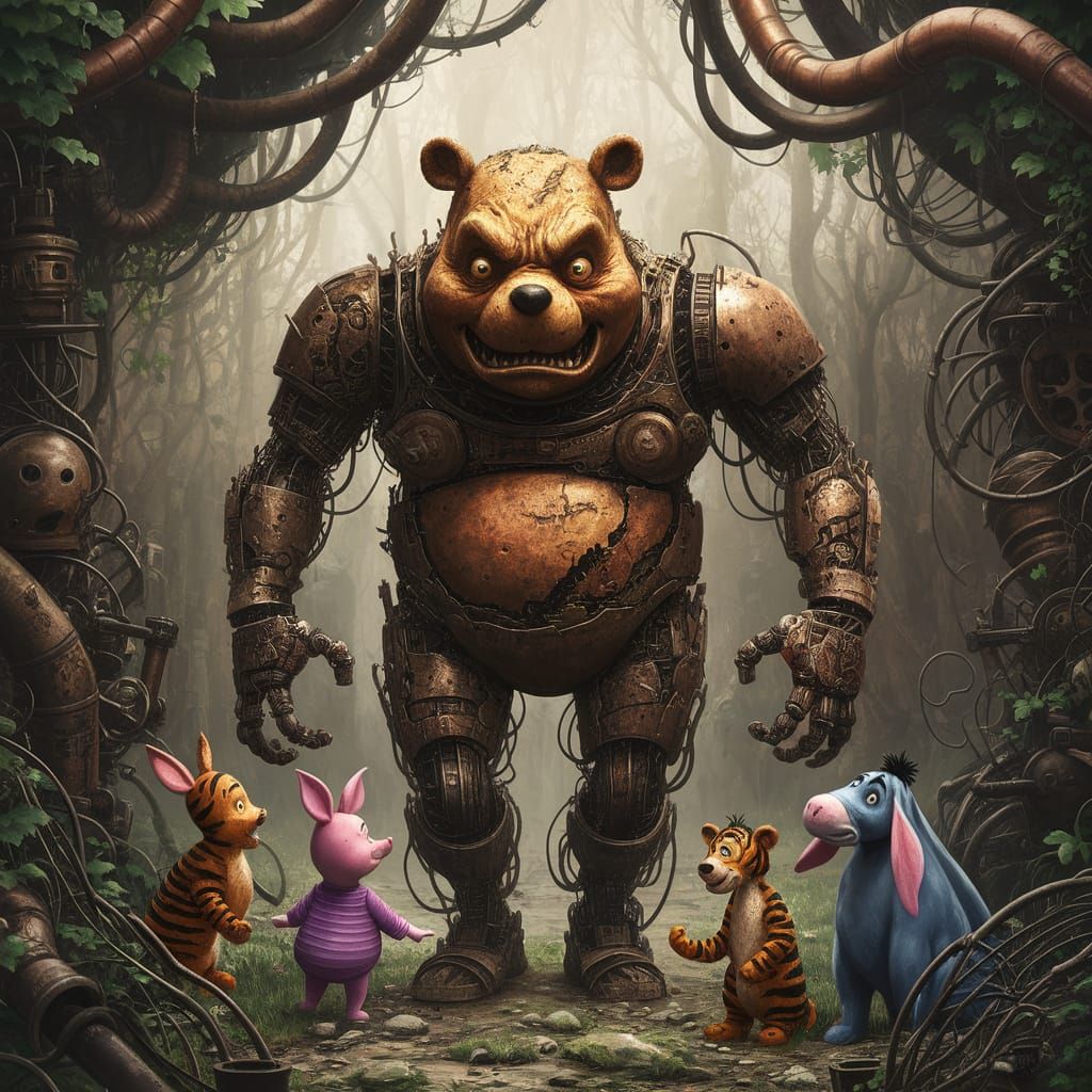 Cyborg Winnie the Pooh in Haunting Industrial Landscape