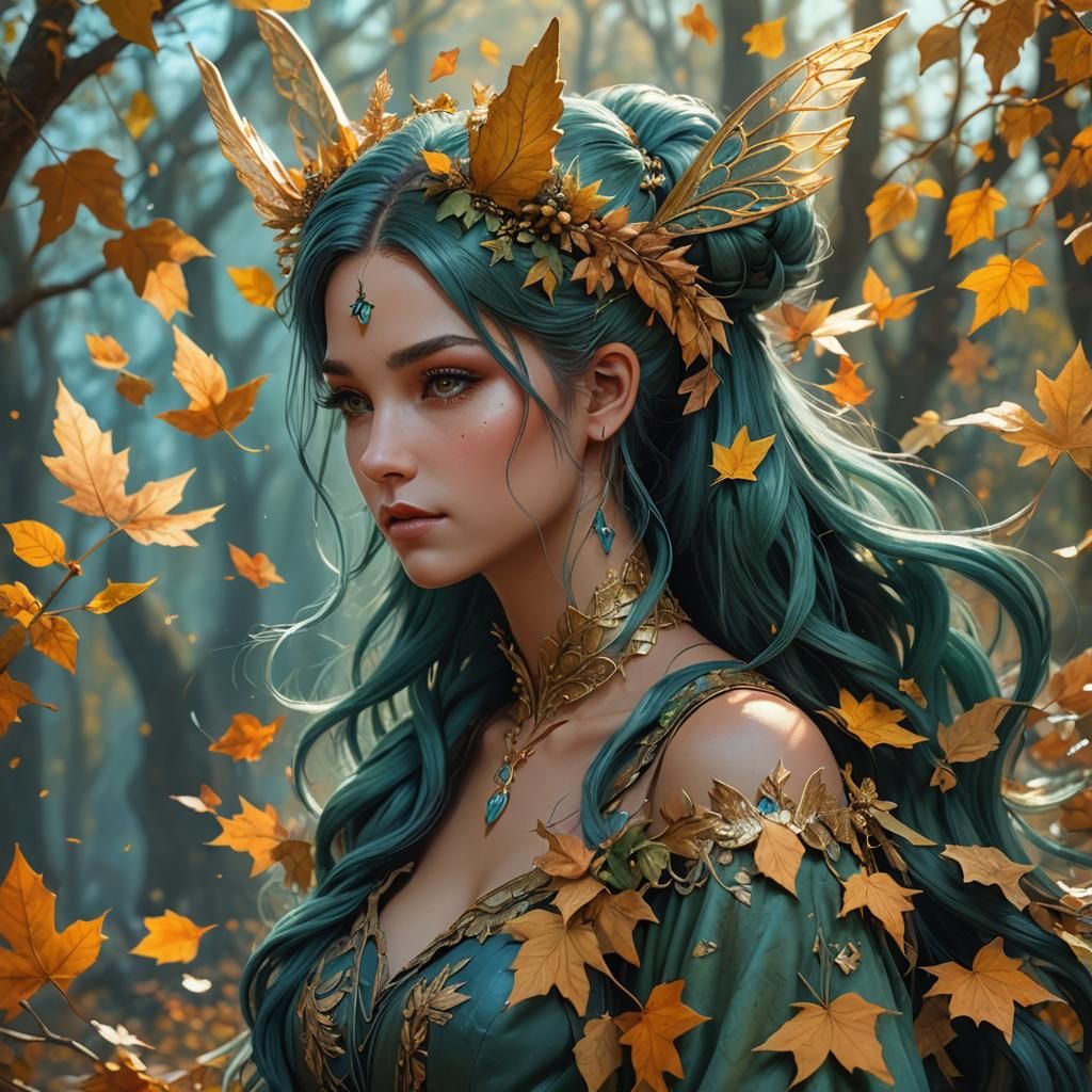 Autumn Fairy with Blue Wings Fantasy Art