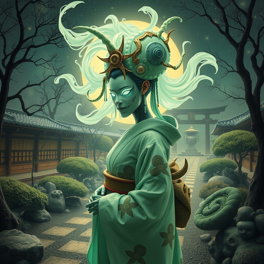 Cyborg Geisha with Oni Mask in Zen Garden