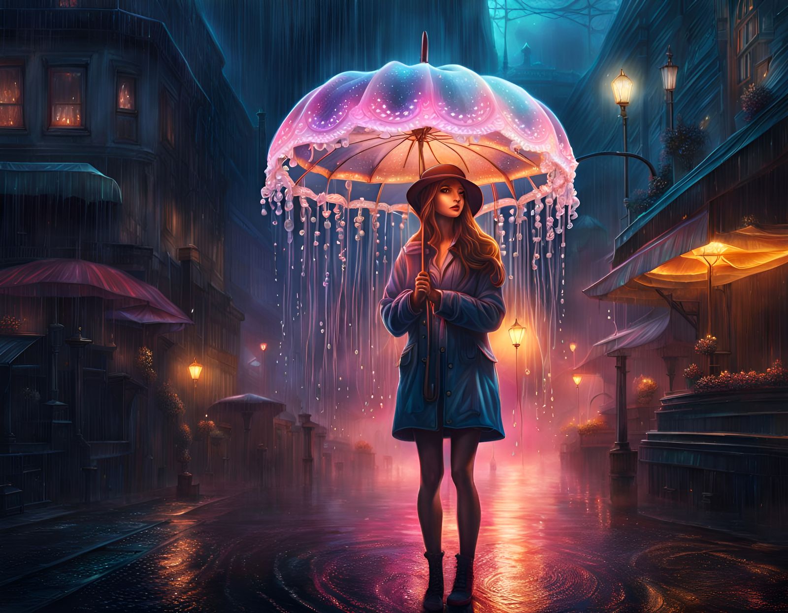 Luminescent Jellyfish Umbrella in Rainy Fantasy Art
