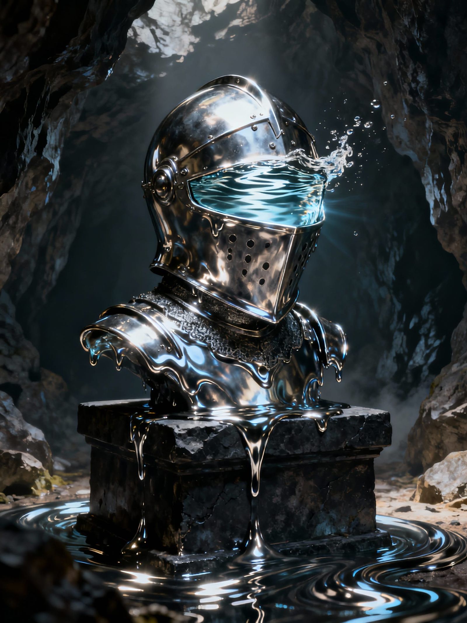 Mercury Knight Helmet on Stone Pedestal