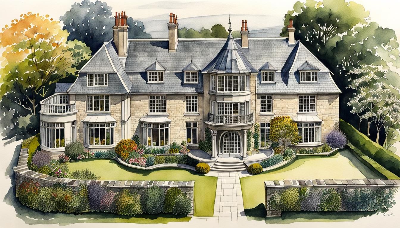 Architectural Sketch: British Landhouse, Bird's Eye View