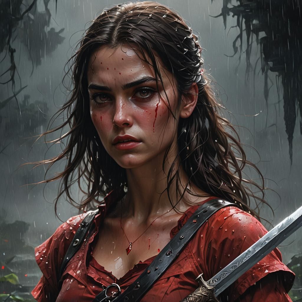 Dark Fantasy Portrait: Girl with Sword in Red