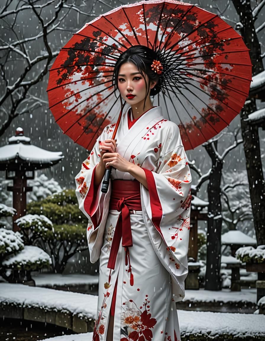 Bloody Kimono Girl in Snowy Japanese Garden
