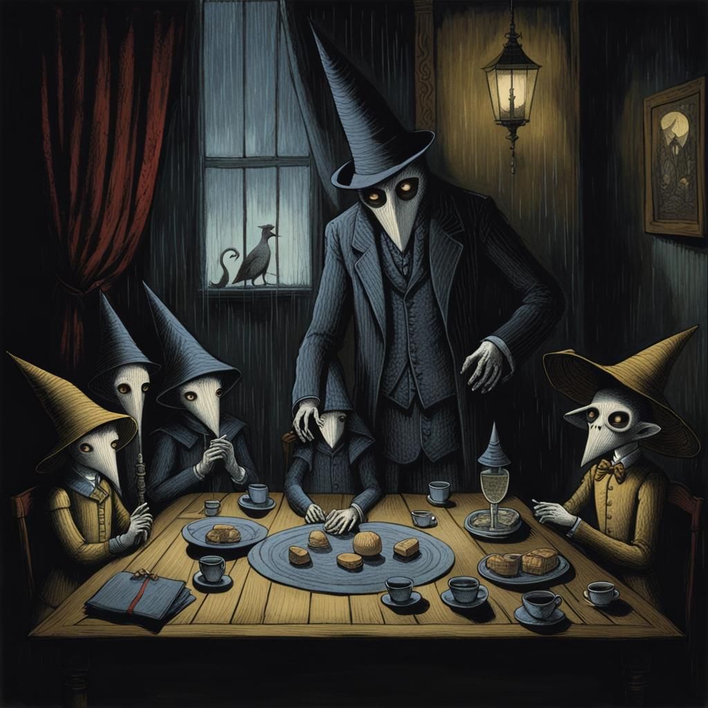 Secretive Characters in Shadows, Macabre Illustration