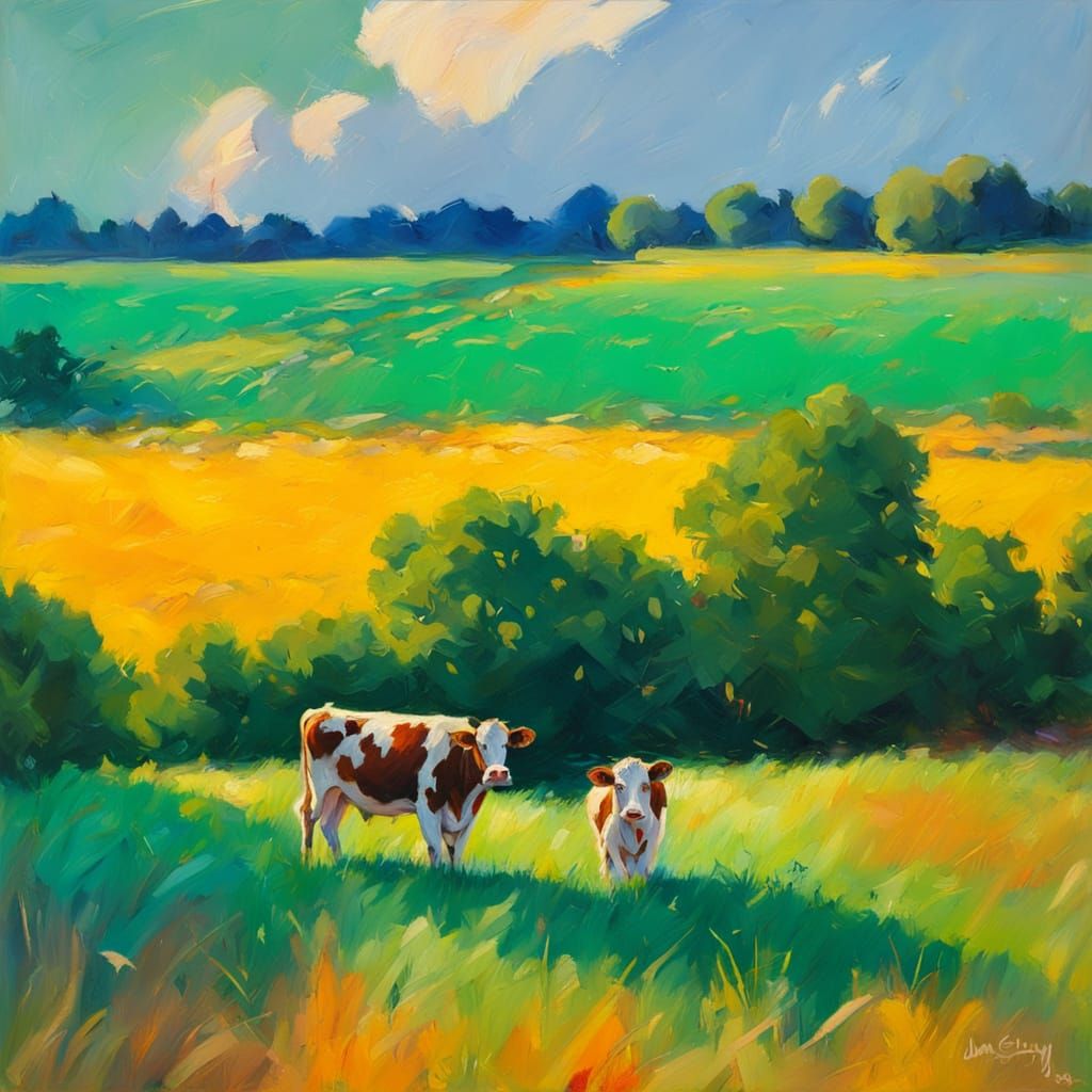 Impressionist Cow Portrait in Golden Light