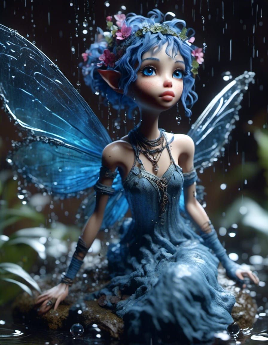 Blue Fairy Trapped in a Raindrop