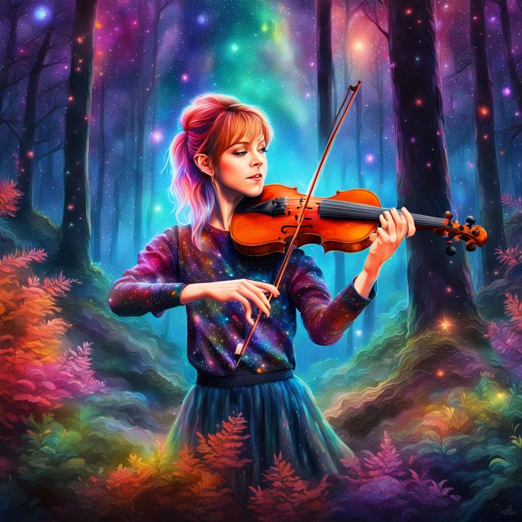 Violinist in Forest: Holographic Astral Illustration