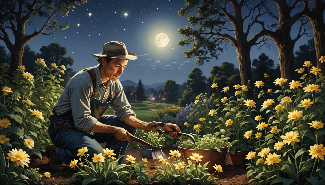 Moonlight Gardener Tending to Glowing Stars