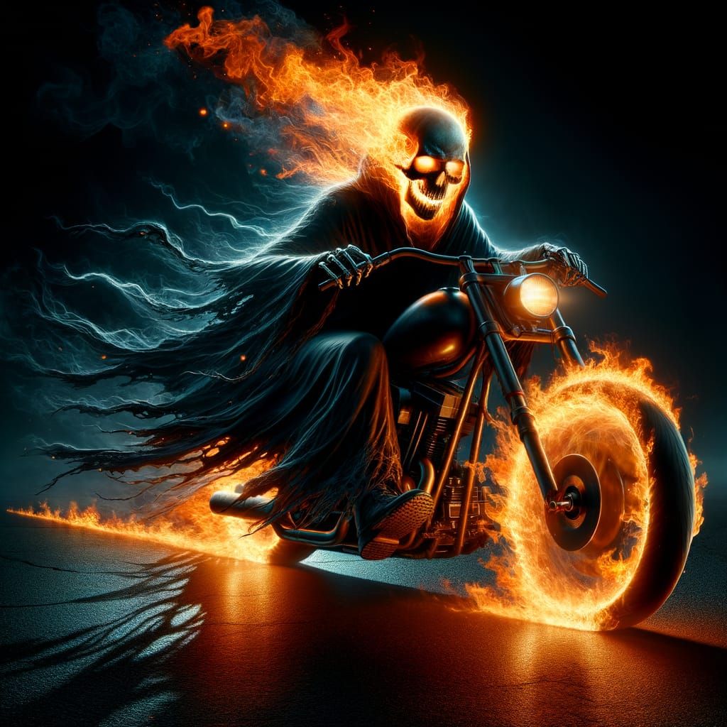 Spectral Rider in Flaming Motorcycle Scene
