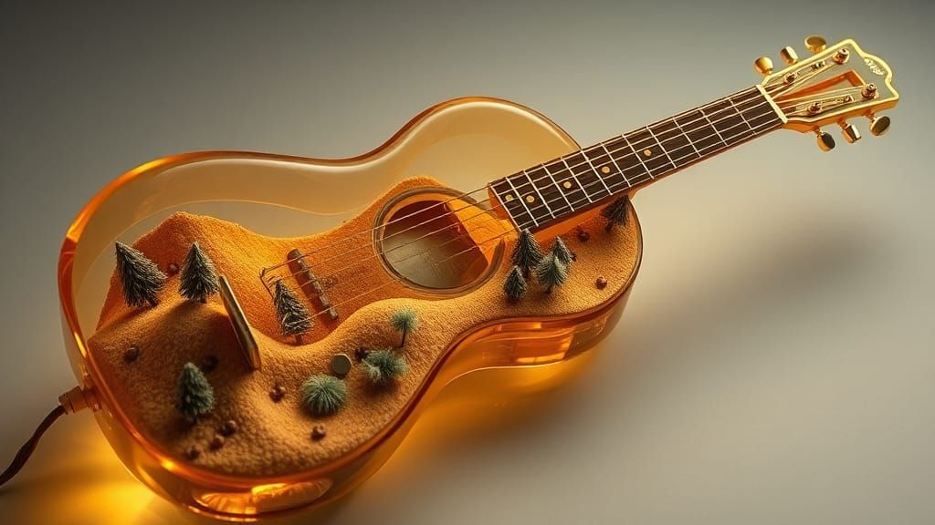 Golden Glass Guitar with Miniature World Inside