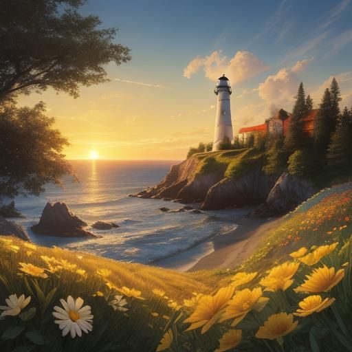 Tree Lighthouse at Sunset: Hyperrealistic Oil Painting