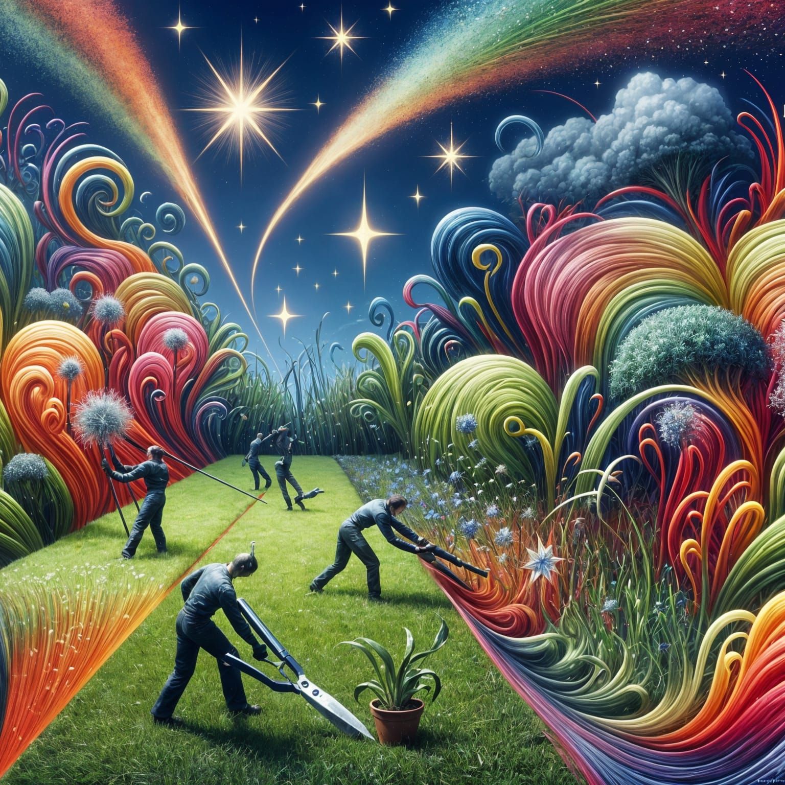 Surreal Gardener Discards Illusions Amidst Harmony