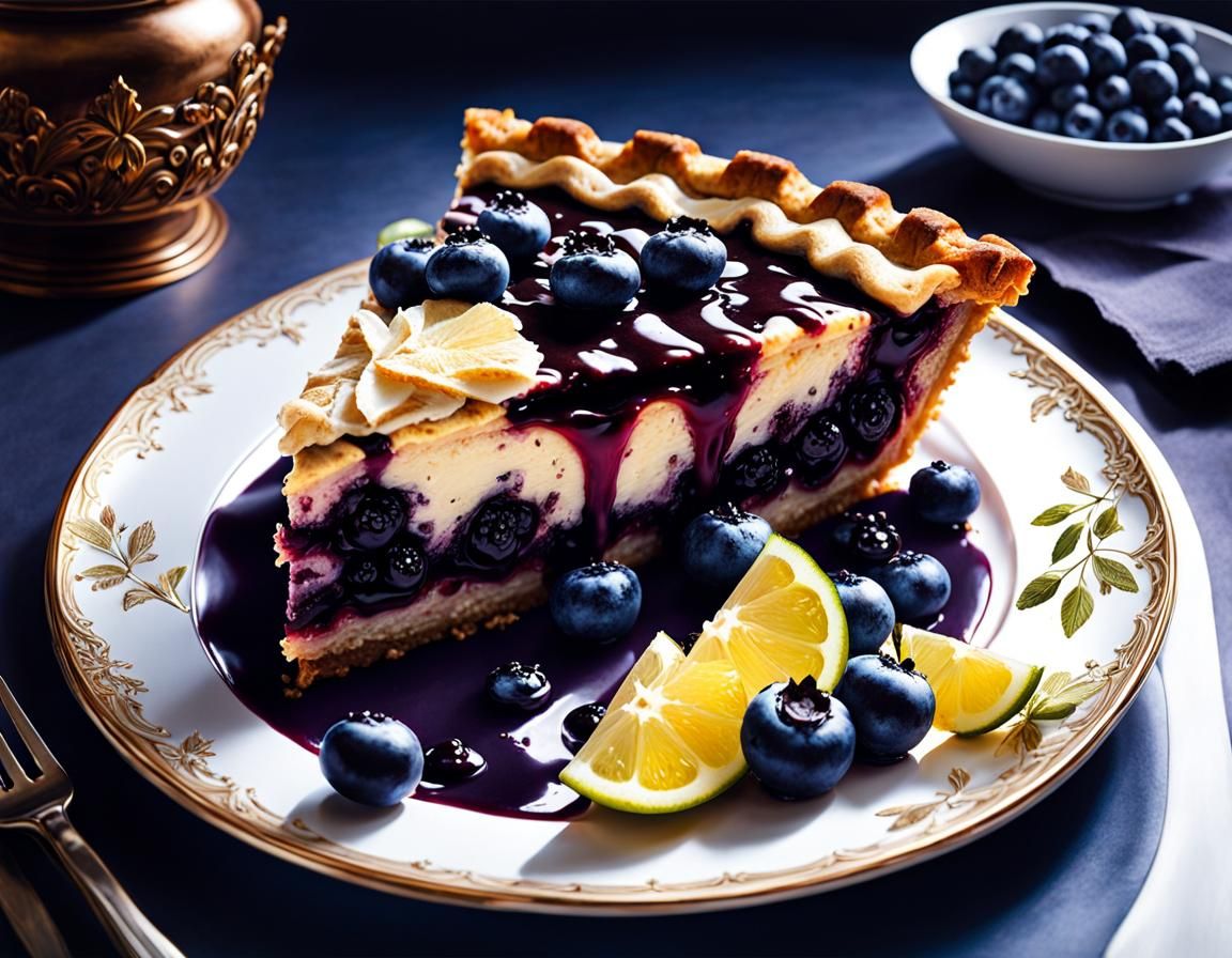 Blueberry Pie Slice on Filigree Plate Illustration
