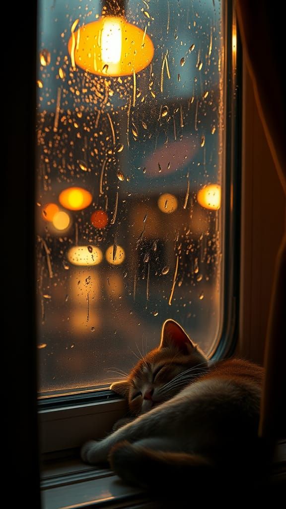 Cozy Kitten Nook on a Rainy Night in Film Noir Style