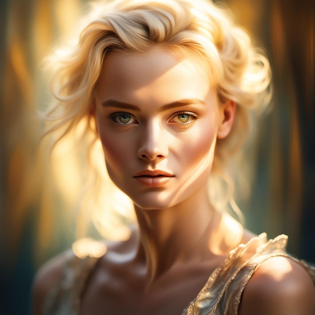 Ethereal Blonde Beauty in Golden Oil Painting