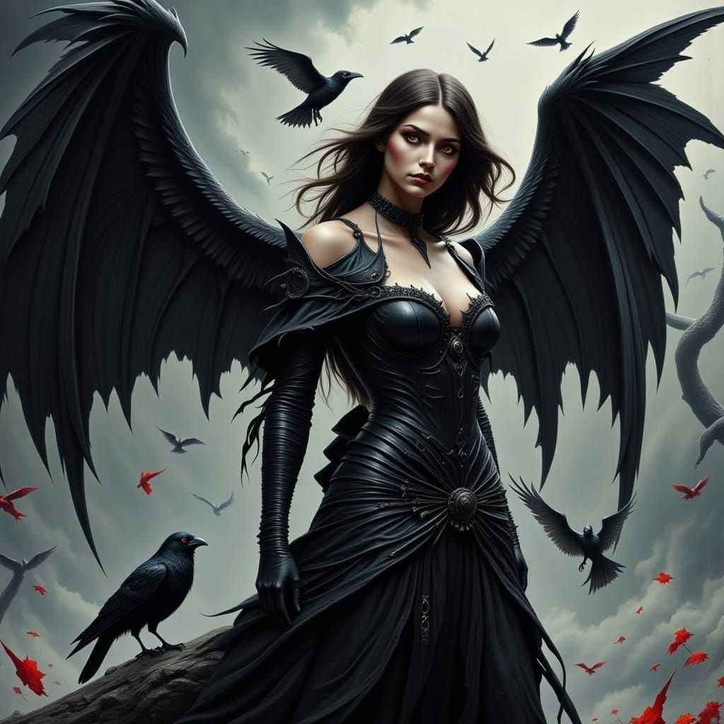 Dark Angel with Raven in Heavy Metal Surreal Style