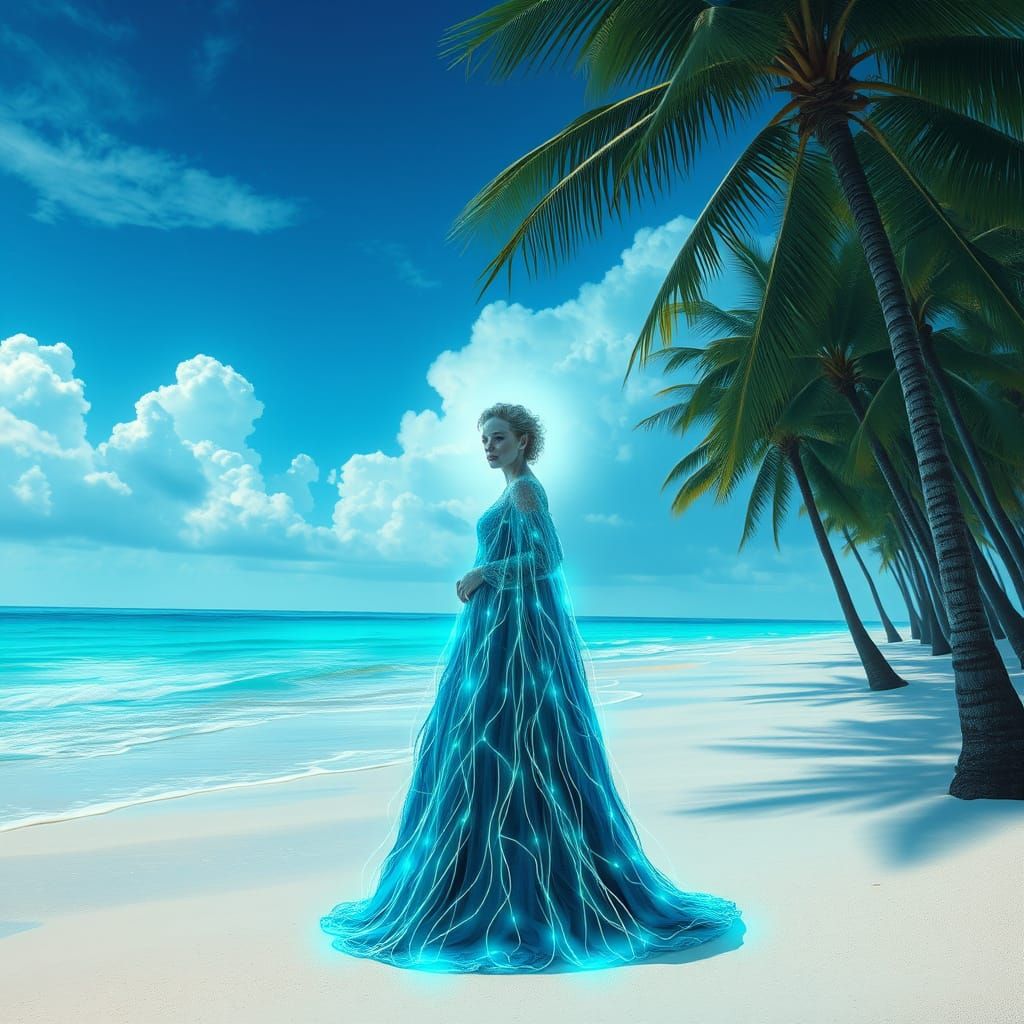 Tropical Beach with Cyberpunk Figure in Art Deco Style