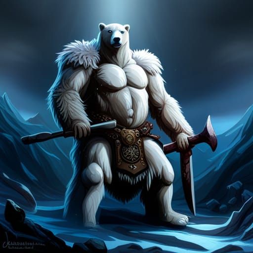 Humanoid Polar Bear Barbarian in Arctic Snowstorm