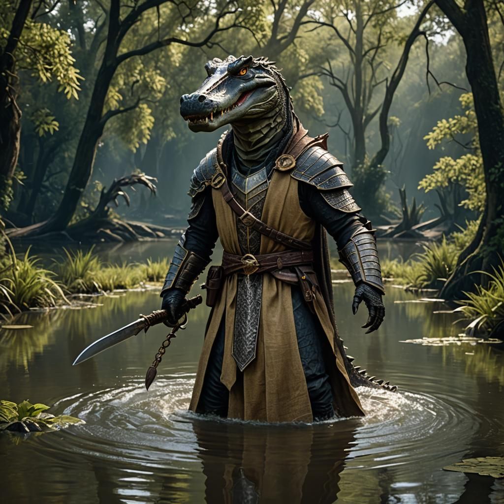 Humanoid Alligator Warrior in Bayou, Fantasy Art
