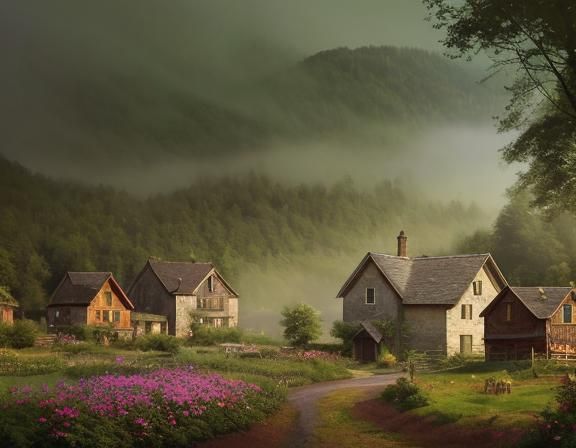 Impressionistic Hamlet in Misty Mountain Landscape