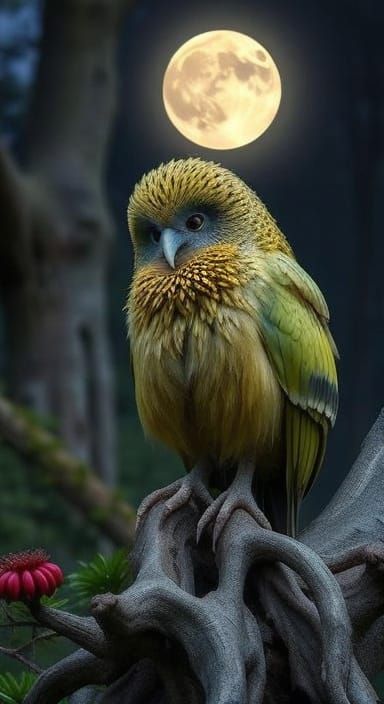 Moss-Green Kakapo Perched Under Moonlight