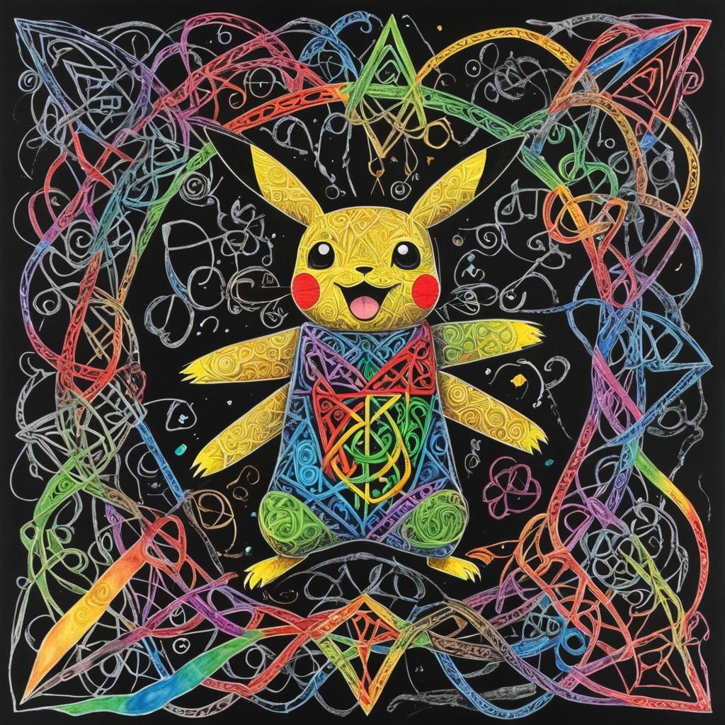 Surreal Celtic Knotwork Pikachu in Crayon Style
