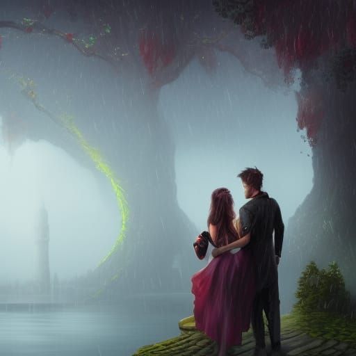 Couple in Love Under the Rain: Detailed Matte Painting
