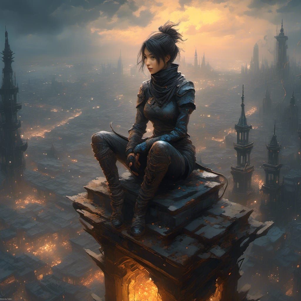 Female Ninja on Spire with Android and Mech Style