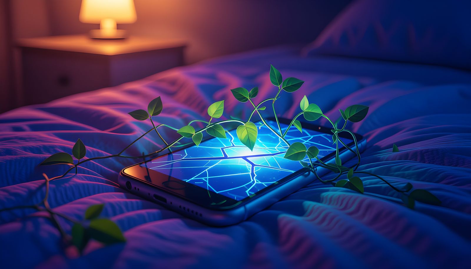 Vines Emerging From Cracked Phone: Photorealistic Close-Up