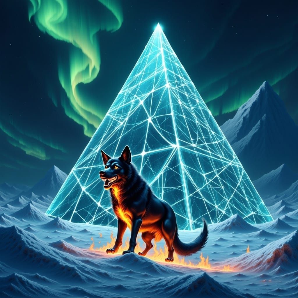 Fiery Hellhound at Ice Pyramid Under Aurora