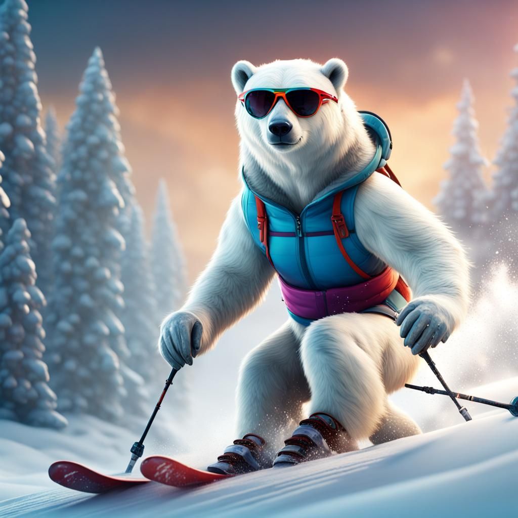 Polar Bear Slalom Skiing in Snowstorm