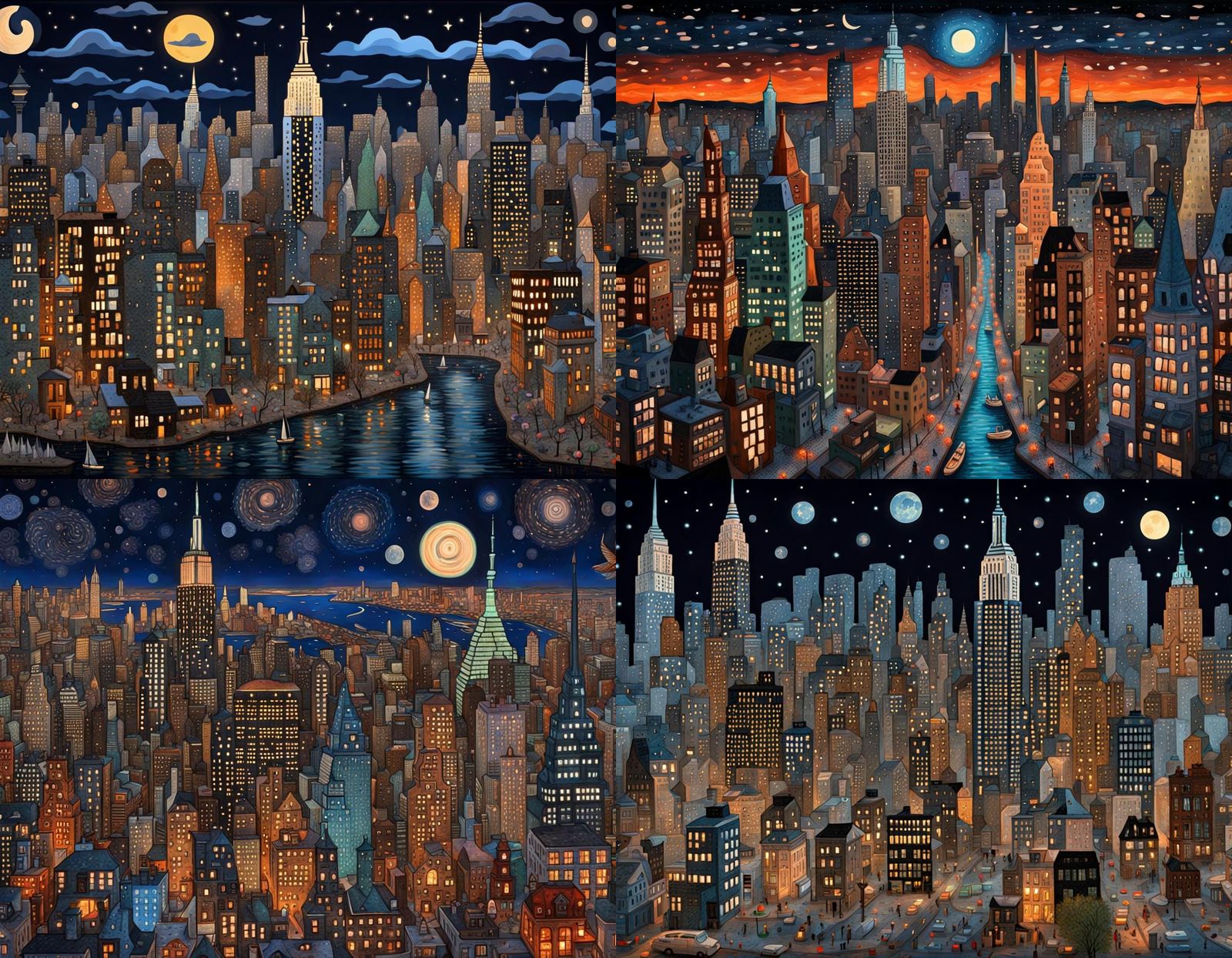New York City Nightscape in Naive Surrealist Style