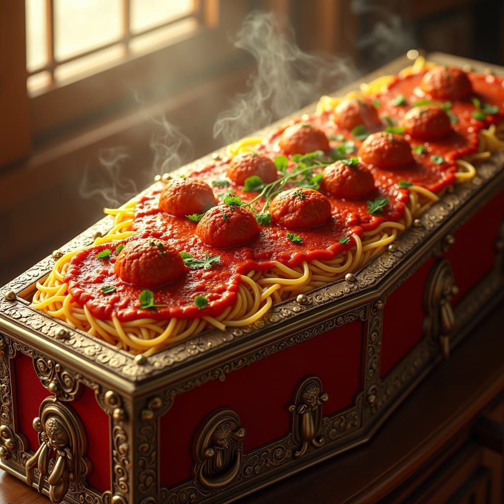 Ornate Casket Overflowing with Spaghetti and Meatballs