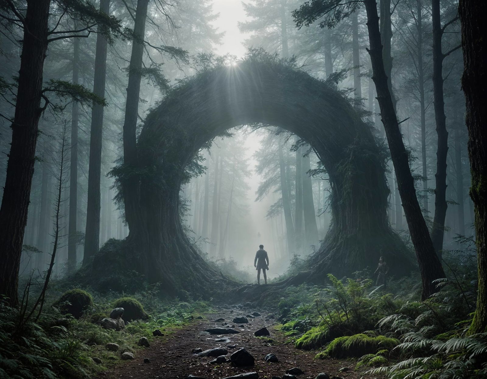 Misty Forest: Figure Gazing at Glowing Portal