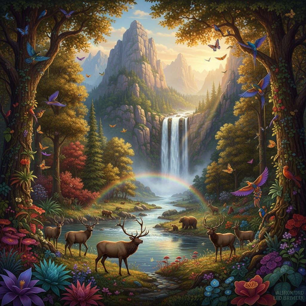 Golden Hour National Park with Waterfall and Wildlife