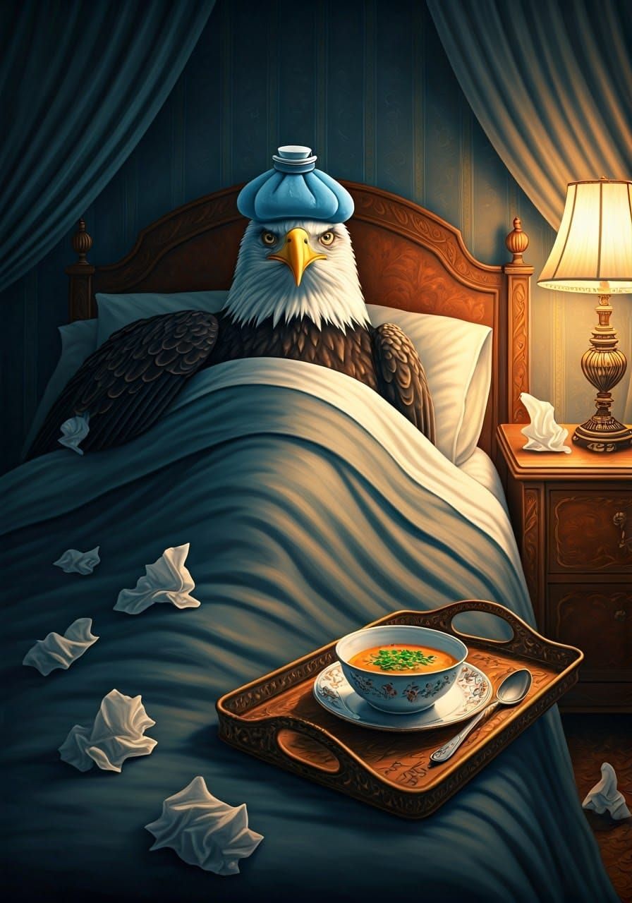 Amused Bald Eagle's Sick Day in Antique Bedroom