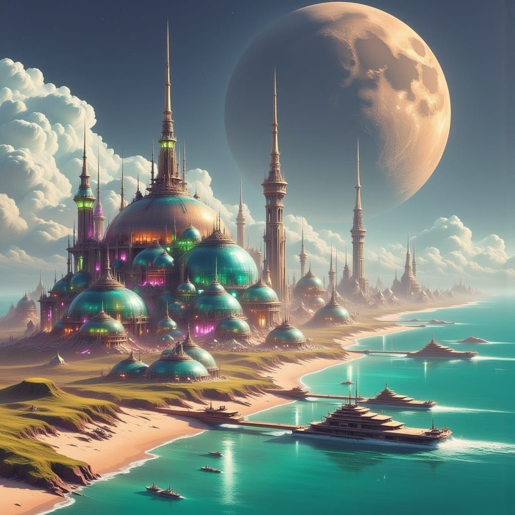 Alien Cityscape with Spaceships in Cosmic Style