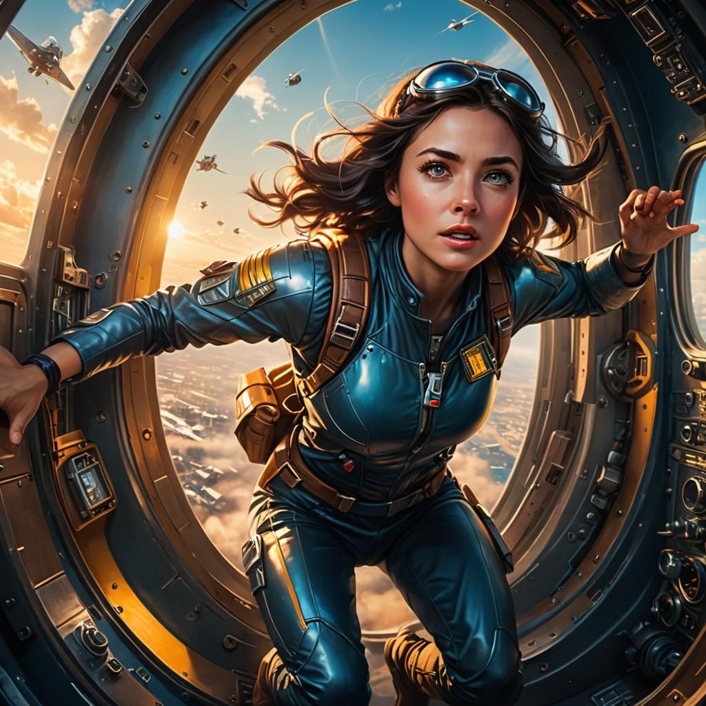 Cyborg Aviatrix Bursts from Spaceship Window